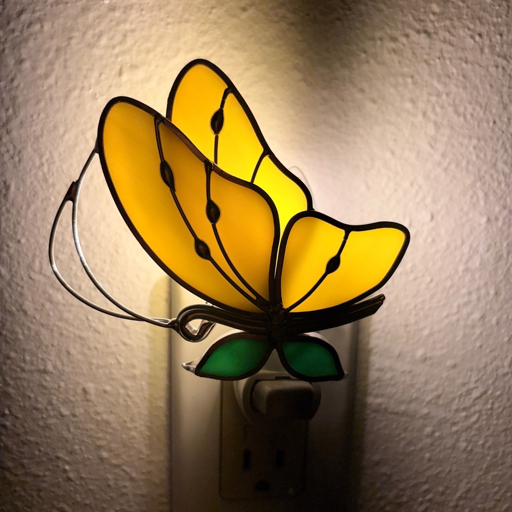 Stained Glass Butterfly Night Light Yellow Wings Plug In Wall Accent Lamp